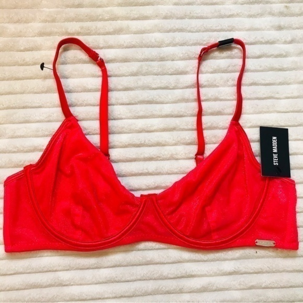 NWT Steve Madden Red Shiny Sheer Glistenette Unlined Underwire Bra size 36C 34D
